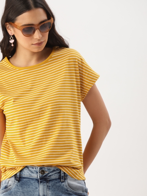 

DressBerry Women Mustard Yellow & White Striped Round Neck T-shirt