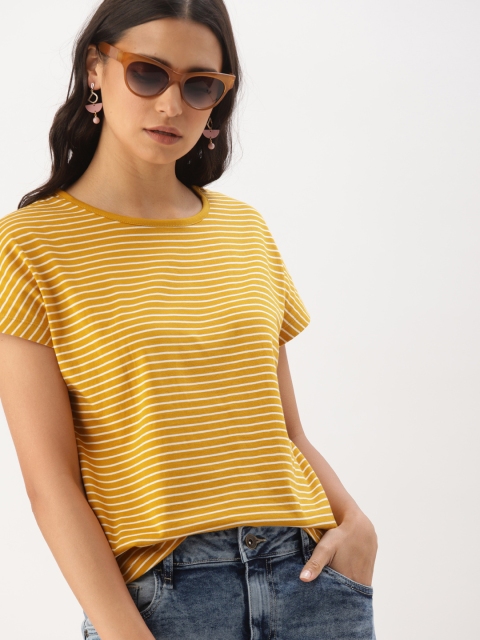 

DressBerry Women Mustard Yellow White Striped Round Neck Pure Cotton T-shirt