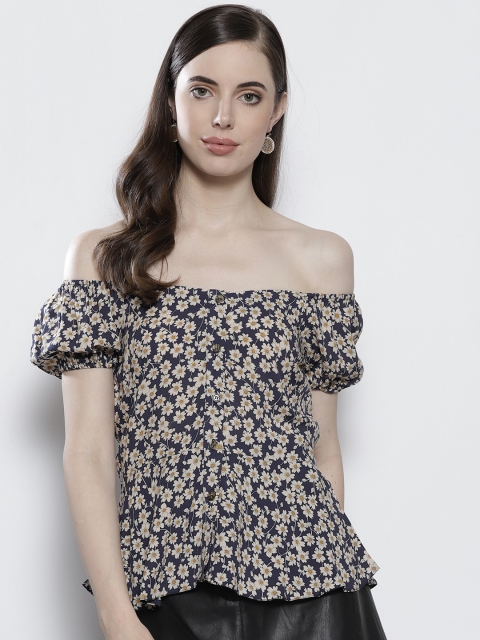 

DOROTHY PERKINS Women Navy Blue & Beige Floral Print Bardot Top