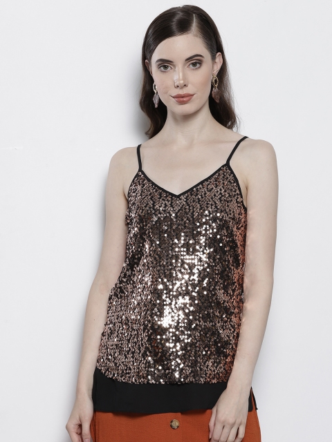 

DOROTHY PERKINS Women Brown Sequinned Layered A-Line Top