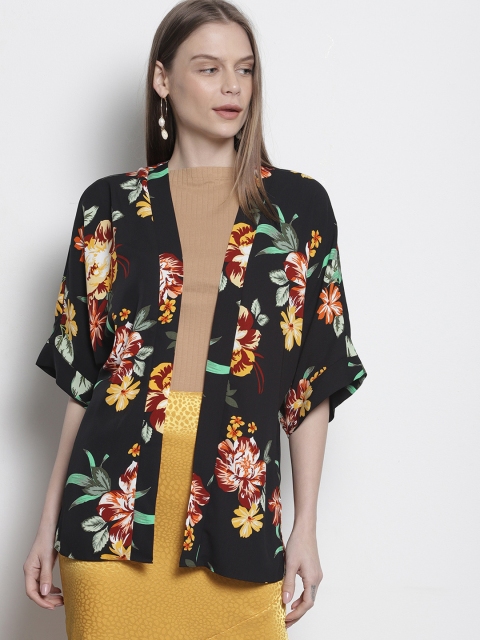 

DOROTHY PERKINS Women Black & Yellow Printed Open Front Shrug
