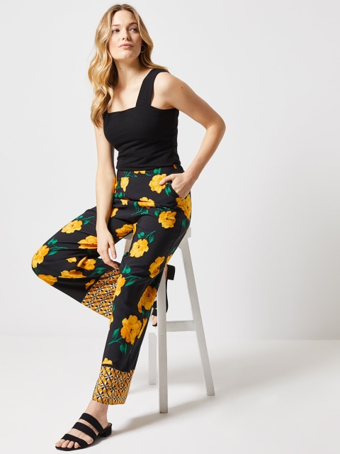 

DOROTHY PERKINS Women Black & Yellow Regular Fit Printed Parallel Trousers