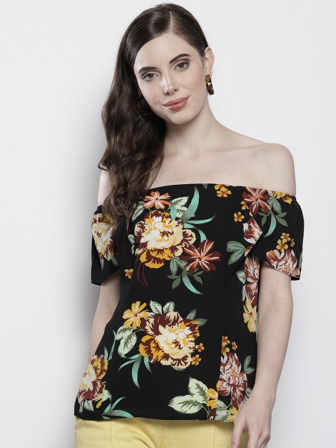 

DOROTHY PERKINS Women Black Printed Bardot Top