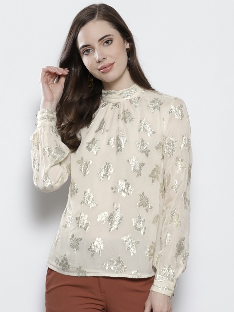 

DOROTHY PERKINS Women Cream-Coloured & Silver Self Design Top