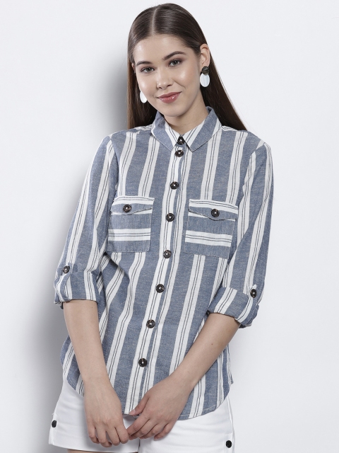 

DOROTHY PERKINS Women Petite White & Blue Regular Fit Striped Casual Shirt