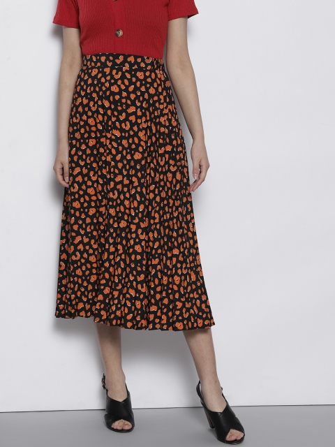 

DOROTHY PERKINS Women Black & Rust Brown Printed Accordion Pleat Midi A-Line Skirt