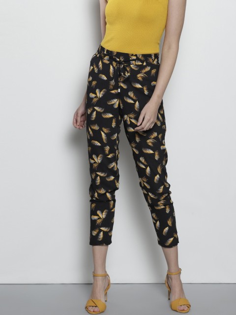 

DOROTHY PERKINS Women Black & Mustard Yellow Regular Fit Printed Trousers