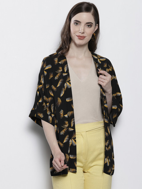 

DOROTHY PERKINS Black & Mustard Yellow Printed Open Front Shrug