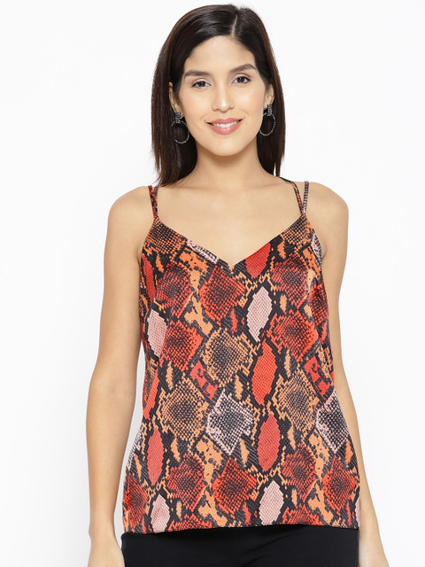 

DOROTHY PERKINS Women Orange & Black Printed Styled Back Top