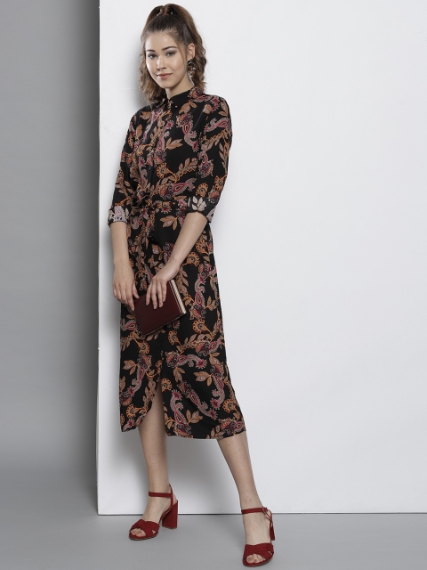 

DOROTHY PERKINS Women Black & Pink Printed Midi Shirt Dress