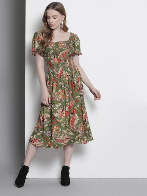 

DOROTHY PERKINS Women Olive Green Printed Fit and Flare Dress