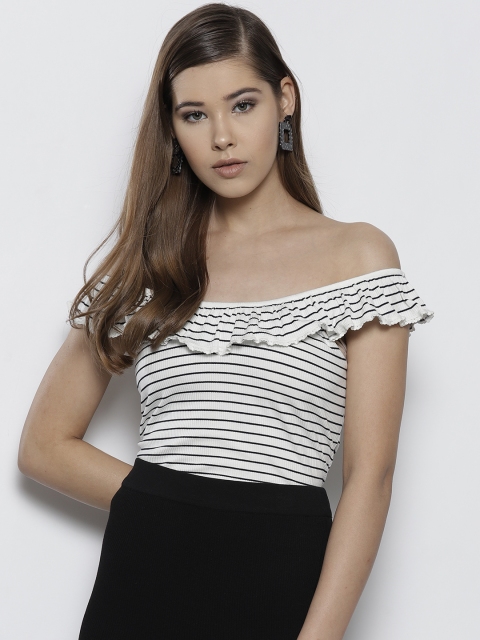 

DOROTHY PERKINS Women White & Navy Blue Striped Bardot Top