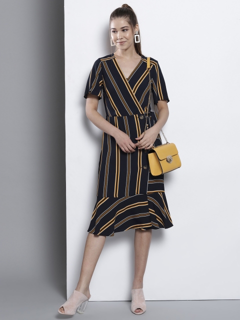 

DOROTHY PERKINS Women Navy Blue & Yellow Striped Midi Wrap Dress