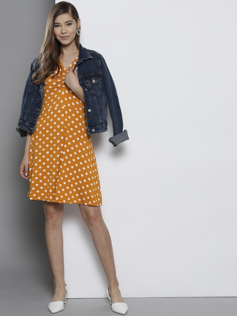 

DOROTHY PERKINS Women Mustard Yellow & White Polka Print A-Line Dress