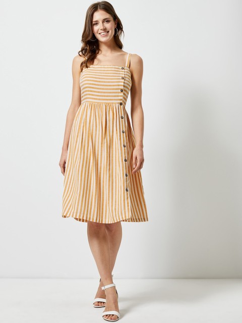 

DOROTHY PERKINS Women Mustard Yellow & Off White Striped Fit and Flare Dress