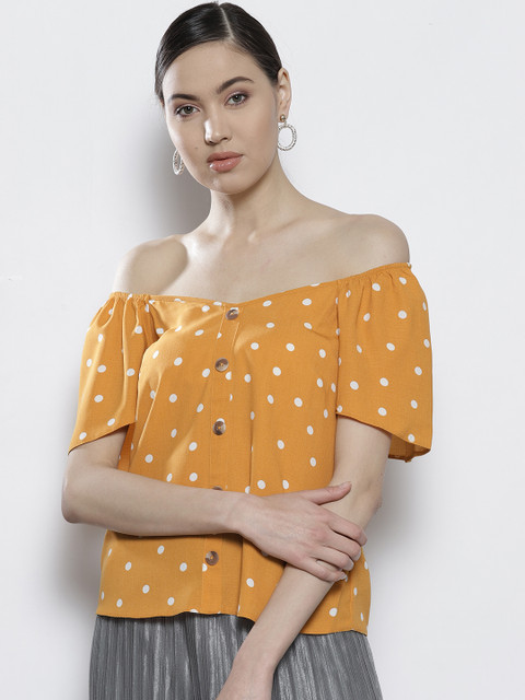 

DOROTHY PERKINS Women Mustard Yellow Printed Bardot Top