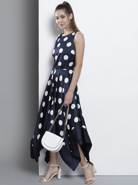 

DOROTHY PERKINS Women Navy Blue & White Polka Dot Print Maxi Fit & Flare Dress