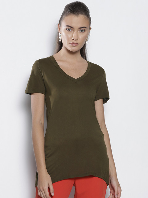 

DOROTHY PERKINS Women Olive Green Solid V-Neck T-shirt