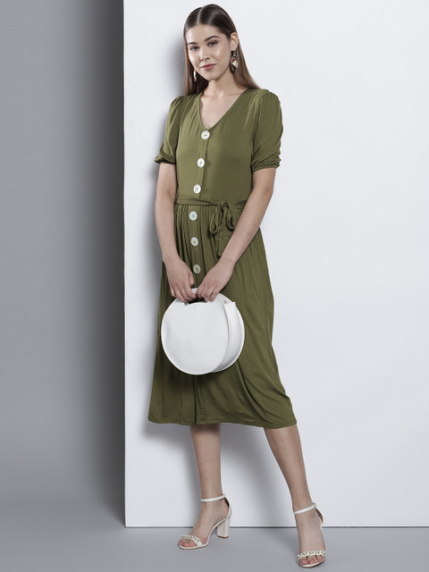

DOROTHY PERKINS Women Olive Green Solid A-Line Dress