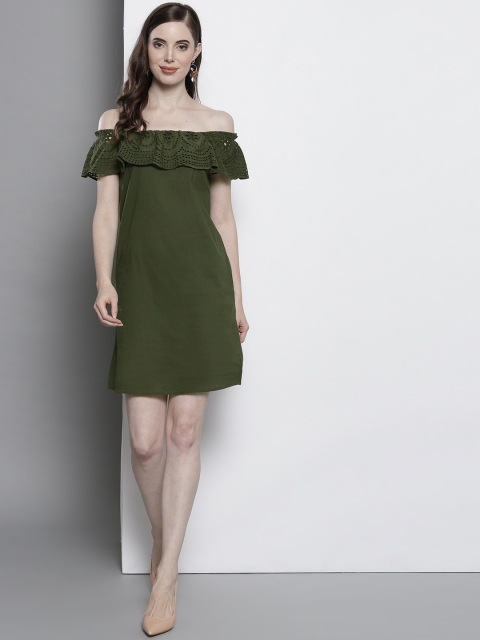 

DOROTHY PERKINS Women Olive Green Solid A-Line Bardot Dress