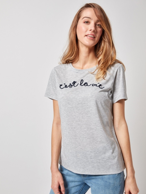 

DOROTHY PERKINS Women Grey Melange Self Design Round Neck T-shirt