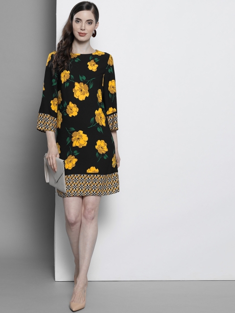 

DOROTHY PERKINS Women Black & Mustard Yellow Printed A-Line Dress