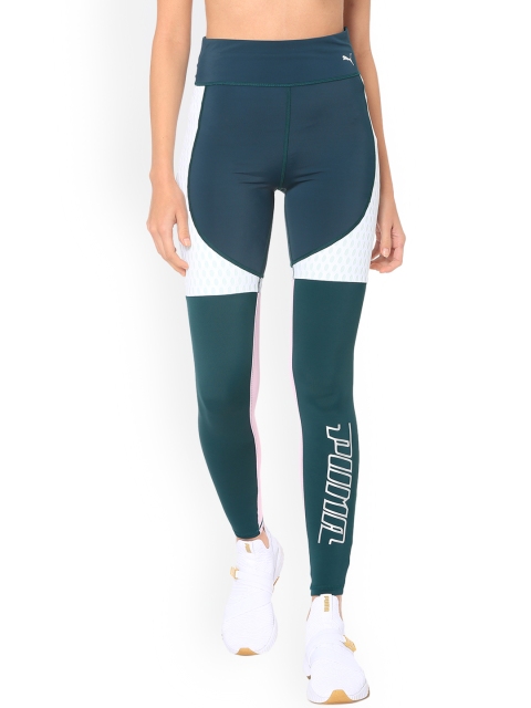 

Puma Women Teal Green & White Colourblocked Tights