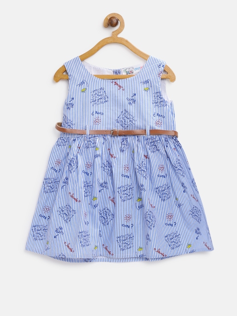 

CHUTPUT Girls Blue Striped A-line Dress with Printed Detail