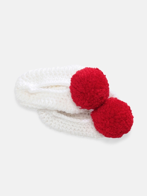 

Magic Needles Kids White & Red Handmade Knit Crochet Woolen Booties with Pompom