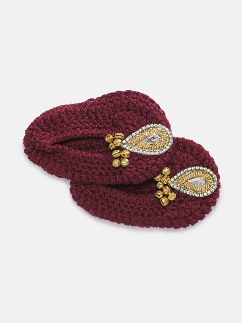 

Magic Needles Kids Maroon Handmade Knit Crochet Woolen Mojaris Booties with Gungaroo