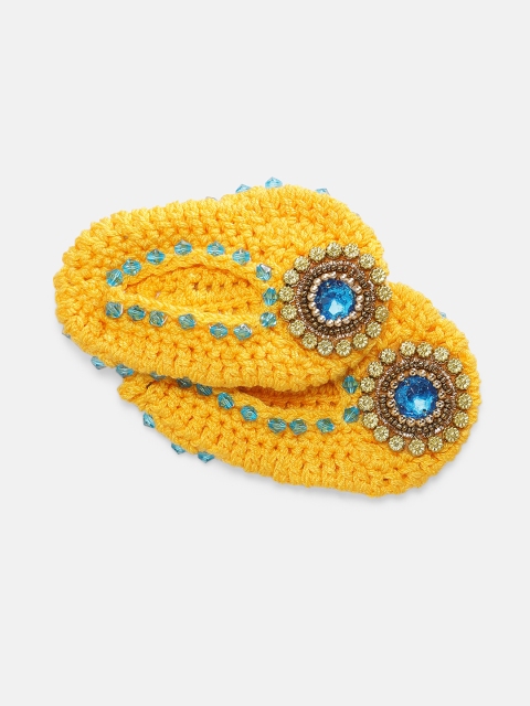

Magic Needles Kids Yellow Handmade Knit Crochet Woolen Ethnic Mojaris Booties with Pearls
