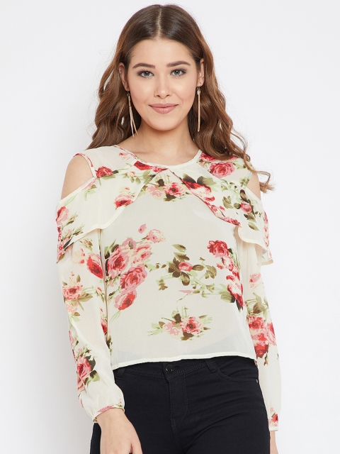 

PURYS Women Cream-Coloured Floral Printed A-Line Top