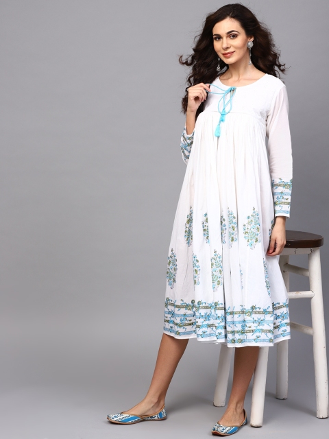 

AKS Women White & Blue Printed A-Line Dress