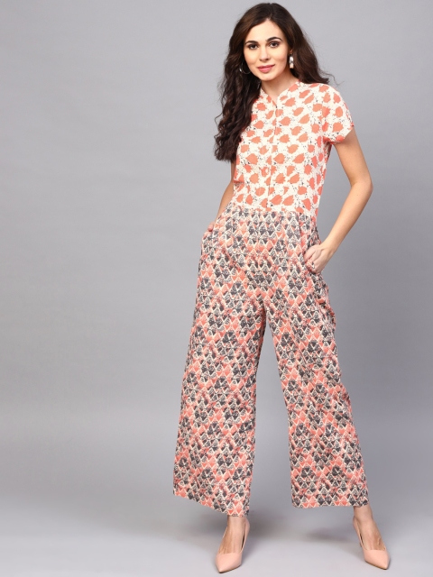 

AKS Cream-Coloured & Orange Printed Basic Jumpsuit