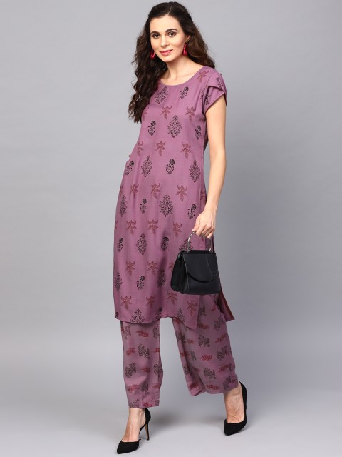 

AKS Women Purple & Black Screen Print Kurta with Palazzos