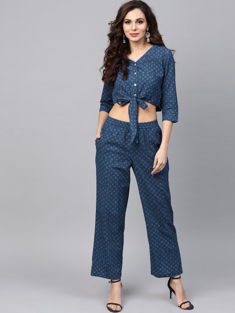 

AKS Women Navy Blue Handblock Print Crop Top with Palazzos