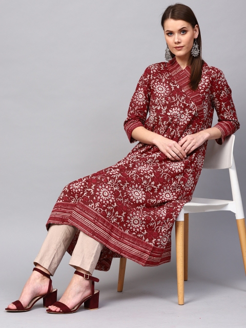 

AKS Women Maroon & Off-White Printed A-Line Angrakha Kurta