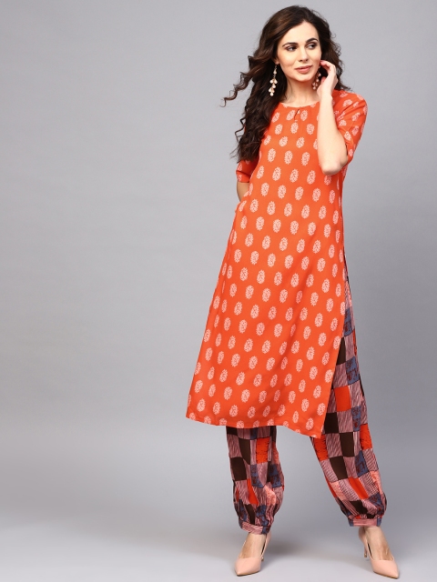 

AKS Women Orange & Brown Printed Kurta with Salwar
