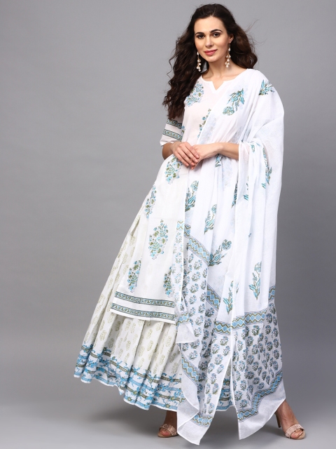 

AKS Women White & Blue Handblock Print Kurta with Skirt & Dupatta