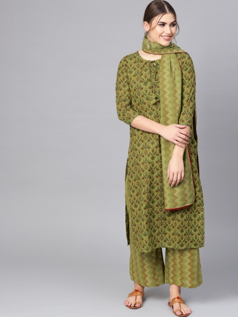 

AKS Women Green & Maroon Khari Print Kurta with Palazzos & Dupatta