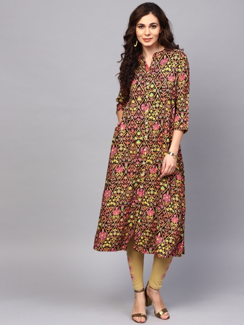 

AKS Women Coffee Brown & Pink Khari Print A-Line Kurta