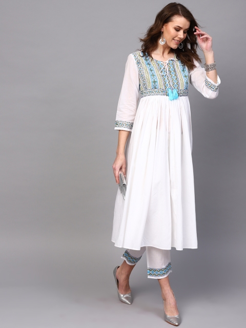 

AKS Women White Yoke Design Kurta with Trousers