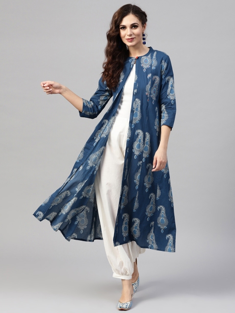 

AKS Women Navy Blue Printed Longline Ethnic Open Front Jacket