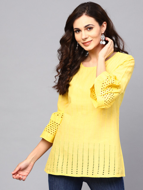 

AKS Women Yellow Schiffli Embroidered Tunic