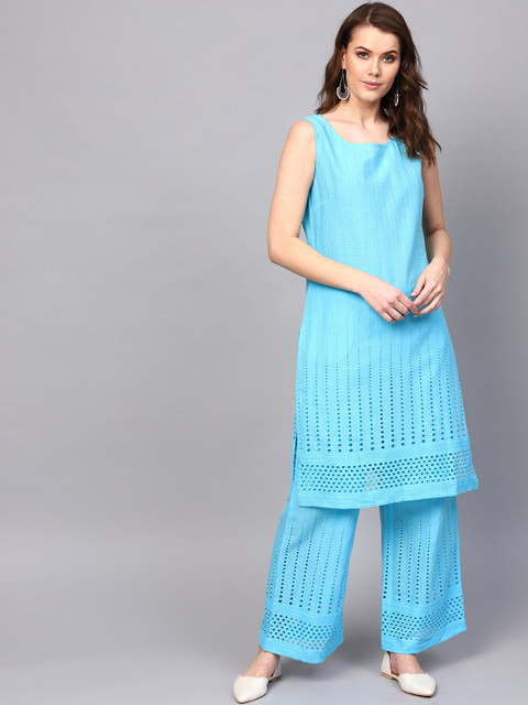 

AKS Women Blue Chikankari Embroidered Kurta with Palazzos