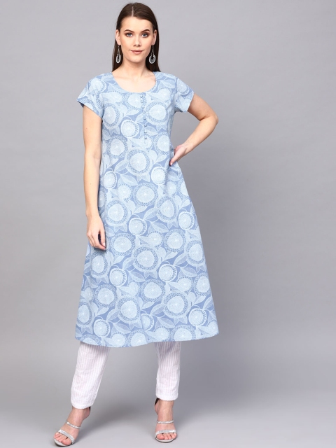 

AKS Women Blue & White Khari Print A-Line Kurta