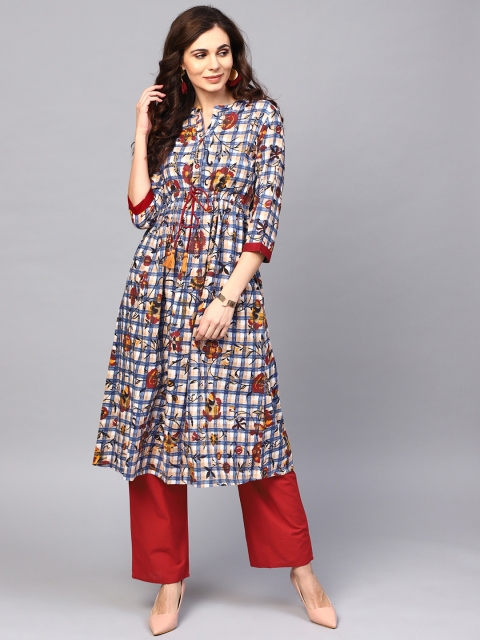 

AKS Women Navy Blue & bChecked A-Line Kurta