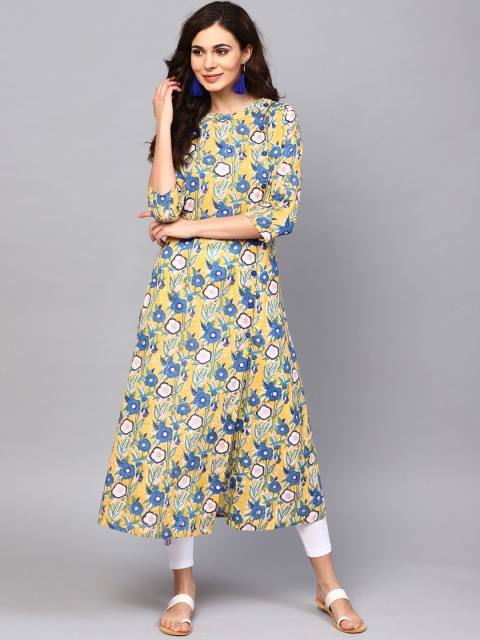 

AKS Women Yellow & Blue Printed A-Line Kurta