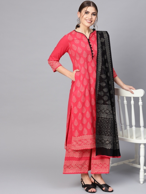 

AKS Women Pink & Black Handblock Print Kurta with Palazzos & Dupatta