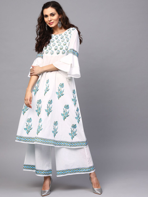 

AKS Women White & Blue Handblock Print Kurta with Palazzos
